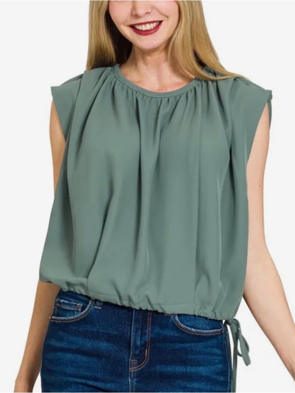 Zenana Outfitters Dusty Blue Sleeveless Gathered Neck Blouson Top